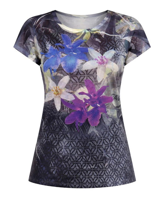 T-shirt Stampa Floreale Yes Zee da Donna - Nero